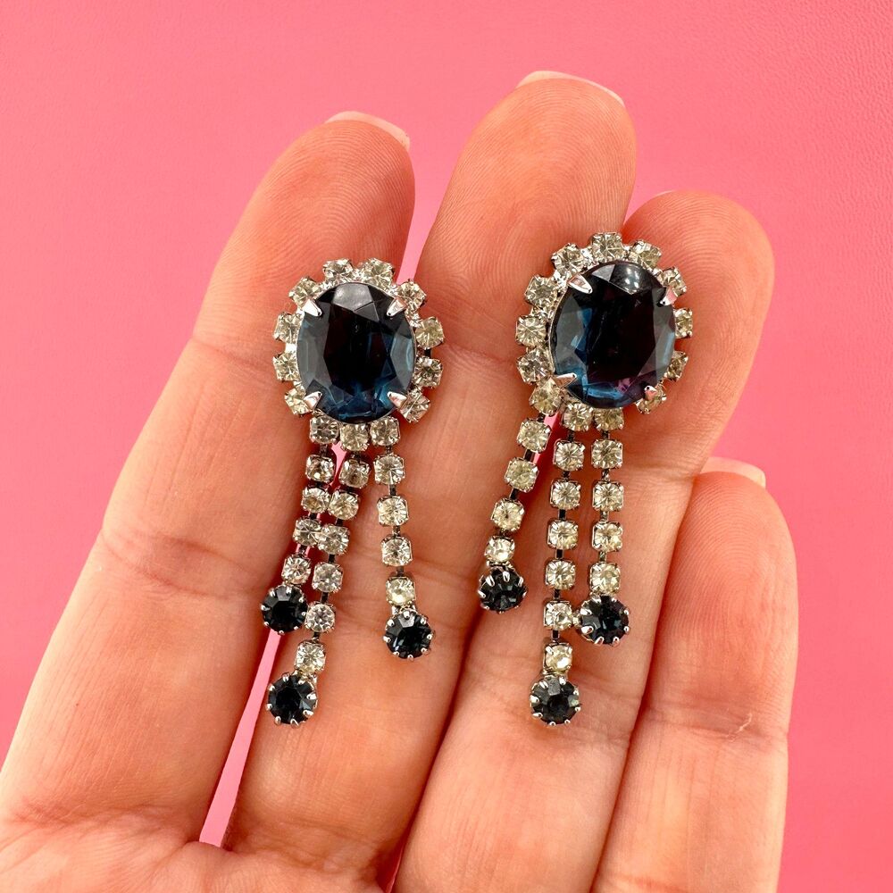 Vintage Rhinestone Earrings Blue Oval Dangle Drop Clear Cup Chain Prong Set